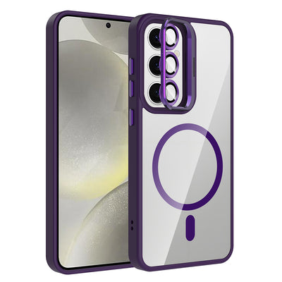 Galaxy S25 Kılıf Standlı ve Kamera Lens Hediyeli M-Safe Şarj Özellikli Zore Etro Kapak Lacivert