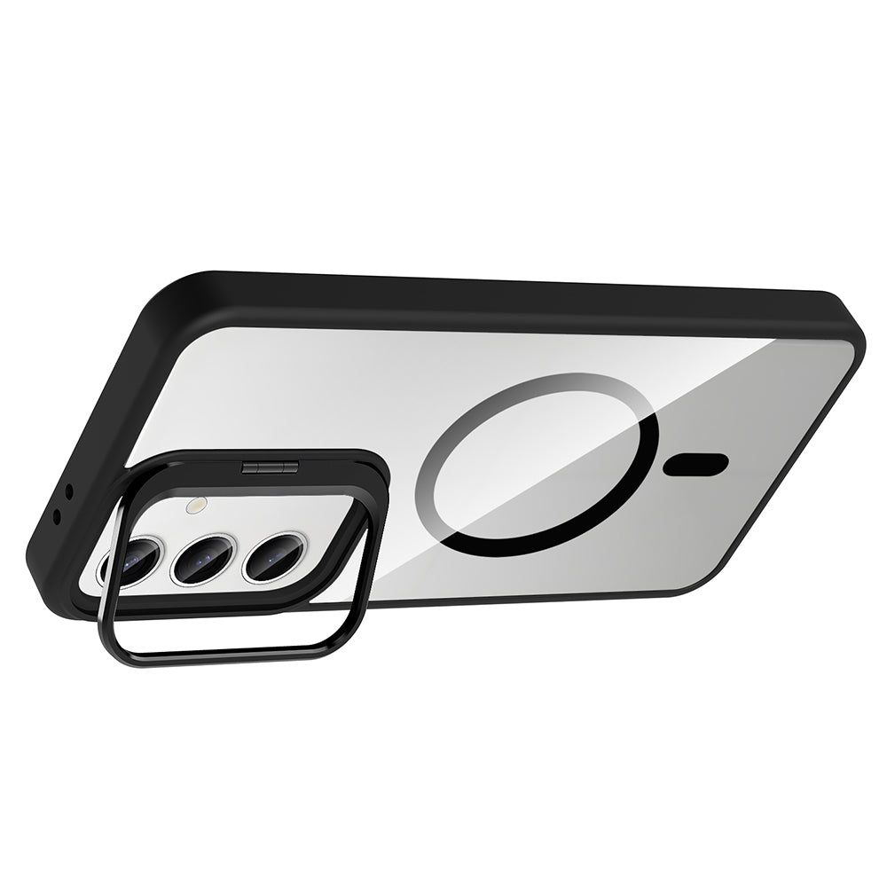 Galaxy S25 Kılıf Standlı ve Kamera Lens Hediyeli M-Safe Şarj Özellikli Zore Etro Kapak Lacivert