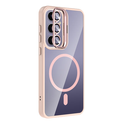 Galaxy S25 Plus Kılıf Standlı ve Kamera Lens Hediyeli M-Safe Şarj Özellikli Zore Etro Kapak Pembe