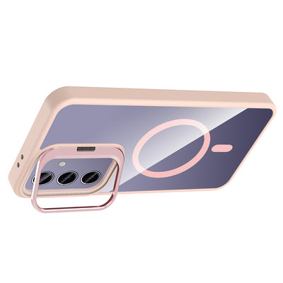 Galaxy S25 Plus Kılıf Standlı ve Kamera Lens Hediyeli M-Safe Şarj Özellikli Zore Etro Kapak Pembe