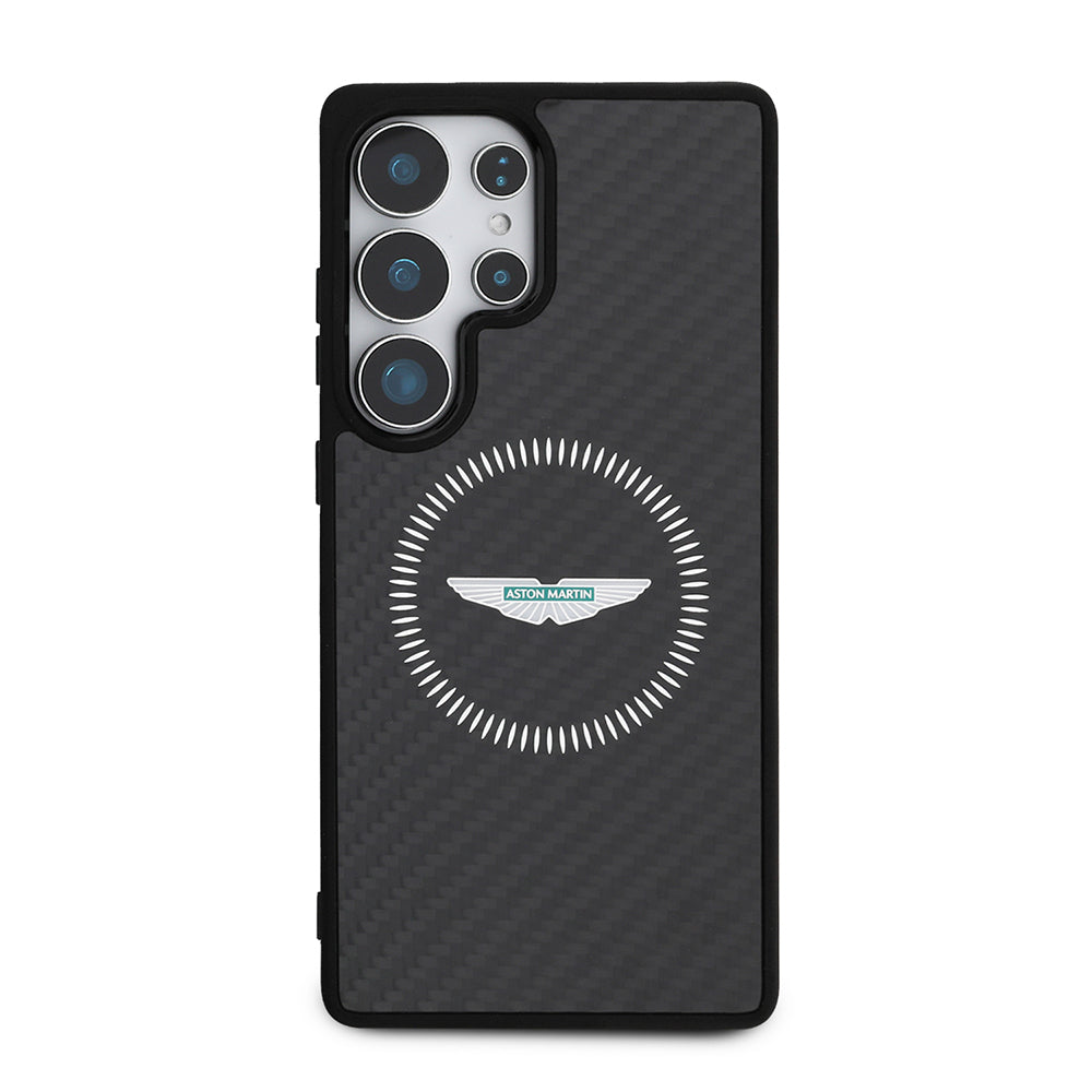 Galaxy S25 Ultra Kılıf Aston Martin Orjinal Lisanslı M-safe Şarj Özellikli Radyal Halka ve Karbon Fiber Tasarımlı Kapak Siyah