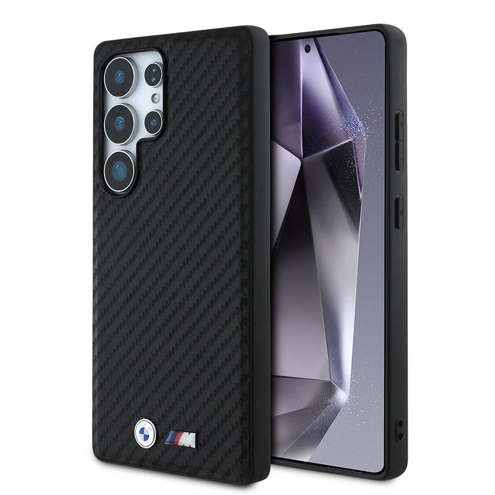 Galaxy S25 Ultra Kılıf BMW Orjinal Lisanslı M-safe Şarj Özellikli Karbon Fiber Tasarımlı ve Metal Logolu PU Deri Kılıf
