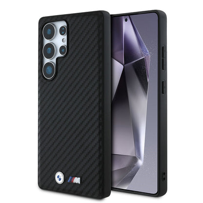 Galaxy S25 Ultra Kılıf BMW Orjinal Lisanslı M-safe Şarj Özellikli Karbon Fiber Tasarımlı ve Metal Logolu PU Deri Kılıf
