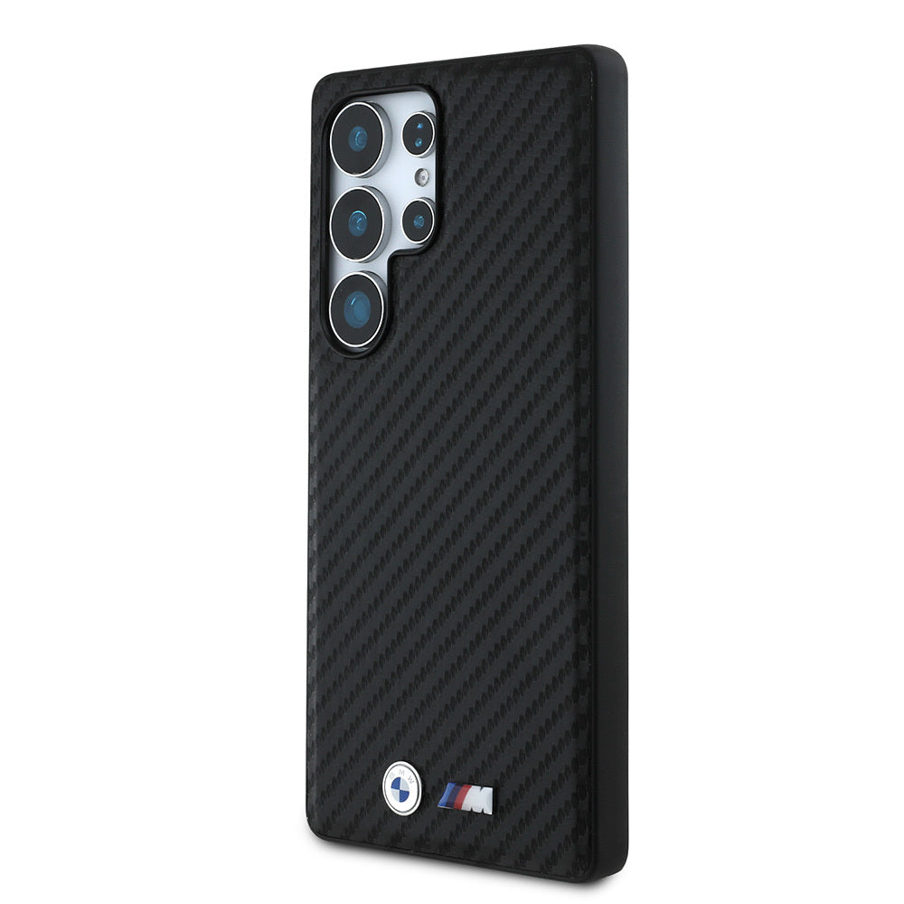 Galaxy S25 Ultra Kılıf BMW Orjinal Lisanslı M-safe Şarj Özellikli Karbon Fiber Tasarımlı ve Metal Logolu PU Deri Kılıf