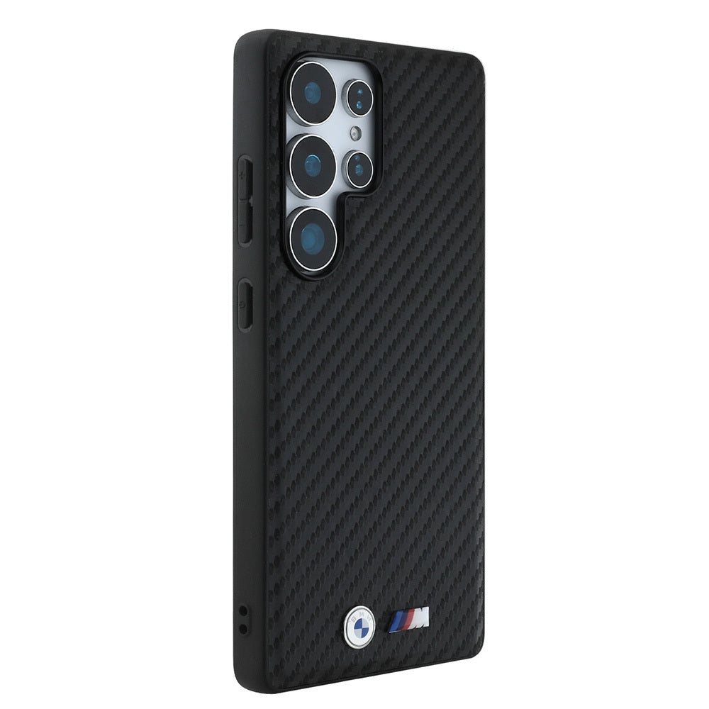 Galaxy S25 Ultra Kılıf BMW Orjinal Lisanslı M-safe Şarj Özellikli Karbon Fiber Tasarımlı ve Metal Logolu PU Deri Kılıf