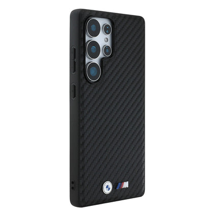 Galaxy S25 Ultra Kılıf BMW Orjinal Lisanslı M-safe Şarj Özellikli Karbon Fiber Tasarımlı ve Metal Logolu PU Deri Kılıf
