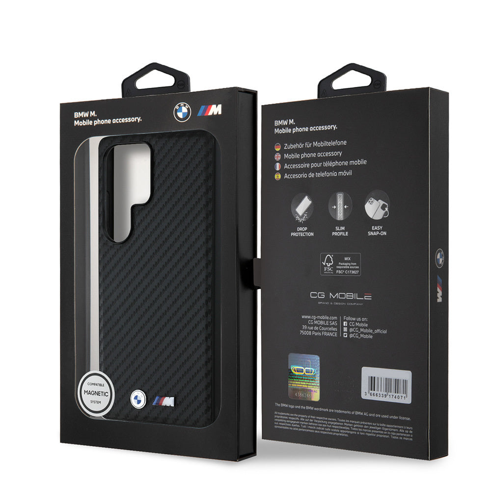 Galaxy S25 Ultra Kılıf BMW Orjinal Lisanslı M-safe Şarj Özellikli Karbon Fiber Tasarımlı ve Metal Logolu PU Deri Kılıf