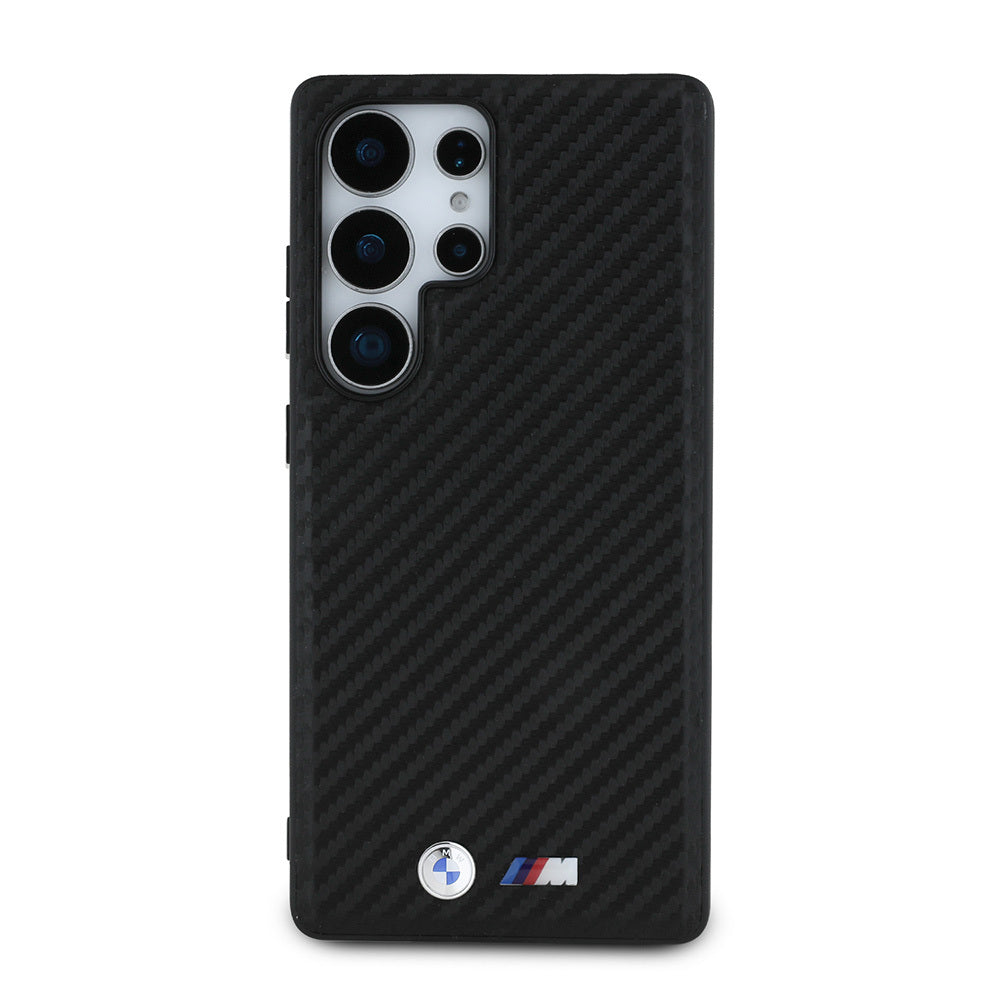 Galaxy S25 Ultra Kılıf BMW Orjinal Lisanslı M-safe Şarj Özellikli Karbon Fiber Tasarımlı ve Metal Logolu PU Deri Kılıf