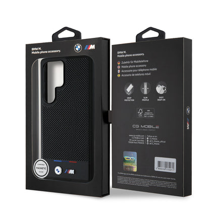 Galaxy S25 Ultra Kılıf BMW Orjinal Lisanslı M-safe Şarj Özellikli M Logolu Bottom Üç Çizgili Delikli PU Deri Kılıf