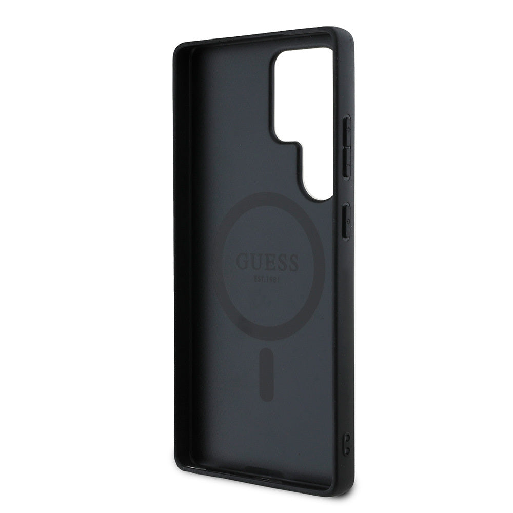 Galaxy S25 Ultra Kılıf Guess Orjinal Lisanslı M-safe Şarj Özellikli PU Halkalı 4G Desenli Yazı Logolu Kılıf