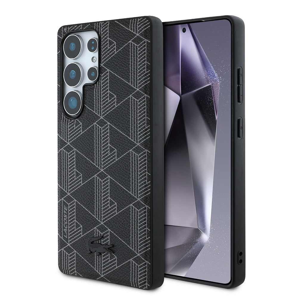 Galaxy S25 Ultra Kılıf Lacoste Orjinal Lisanslı M-safe Şarj Özellikli PU Deri Görünümlü Karışık Monogram Desenli Kapak Siyah
