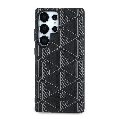 Galaxy S25 Ultra Kılıf Lacoste Orjinal Lisanslı M-safe Şarj Özellikli PU Deri Görünümlü Karışık Monogram Desenli Kapak Siyah