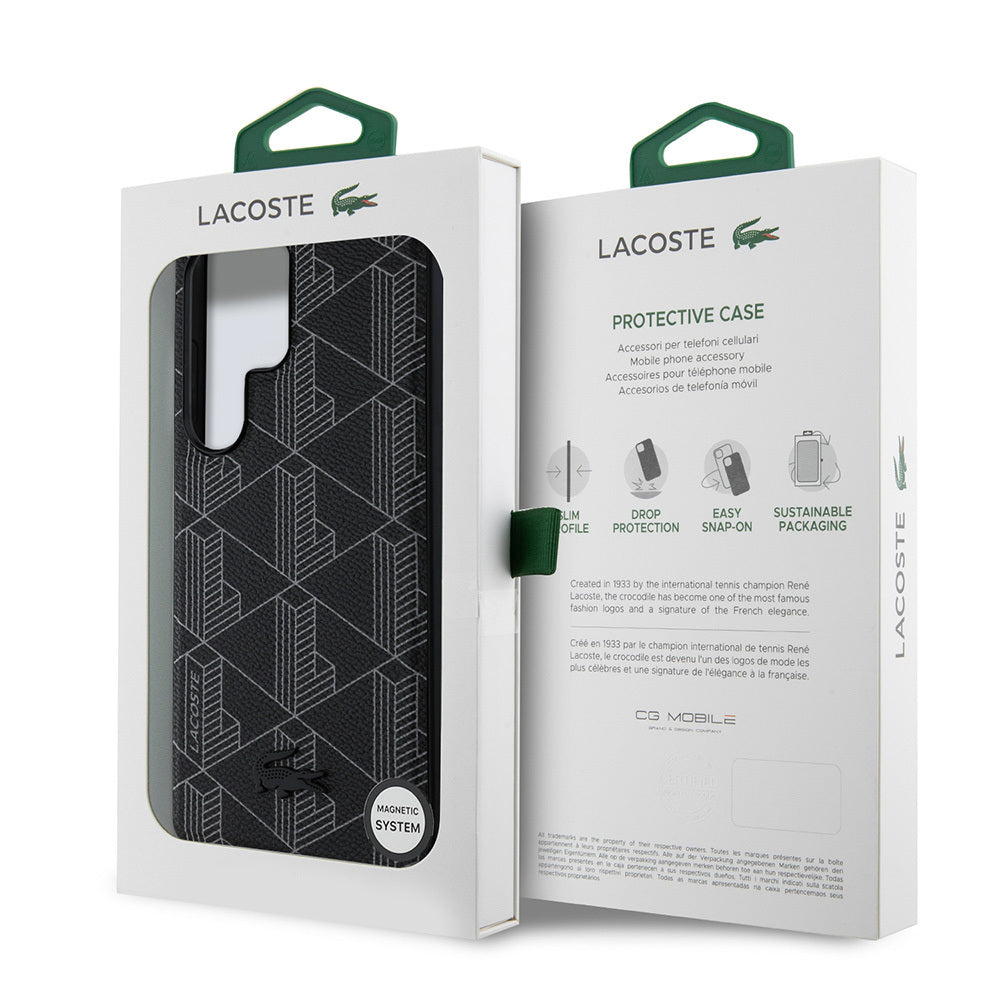 Galaxy S25 Ultra Kılıf Lacoste Orjinal Lisanslı M-safe Şarj Özellikli PU Deri Görünümlü Karışık Monogram Desenli Kapak Siyah