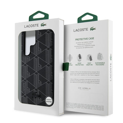 Galaxy S25 Ultra Kılıf Lacoste Orjinal Lisanslı M-safe Şarj Özellikli PU Deri Görünümlü Karışık Monogram Desenli Kapak Siyah