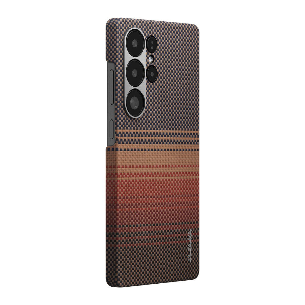 Galaxy S25 Ultra Kılıf M-safe Şarj Özellikli Aramid Fiber Pitaka Tactile Woven Sunset-Moonrise Serisi Kapak Kahverengi