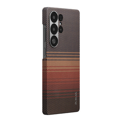 Galaxy S25 Ultra Kılıf M-safe Şarj Özellikli Aramid Fiber Pitaka Tactile Woven Sunset-Moonrise Serisi Kapak Kahverengi