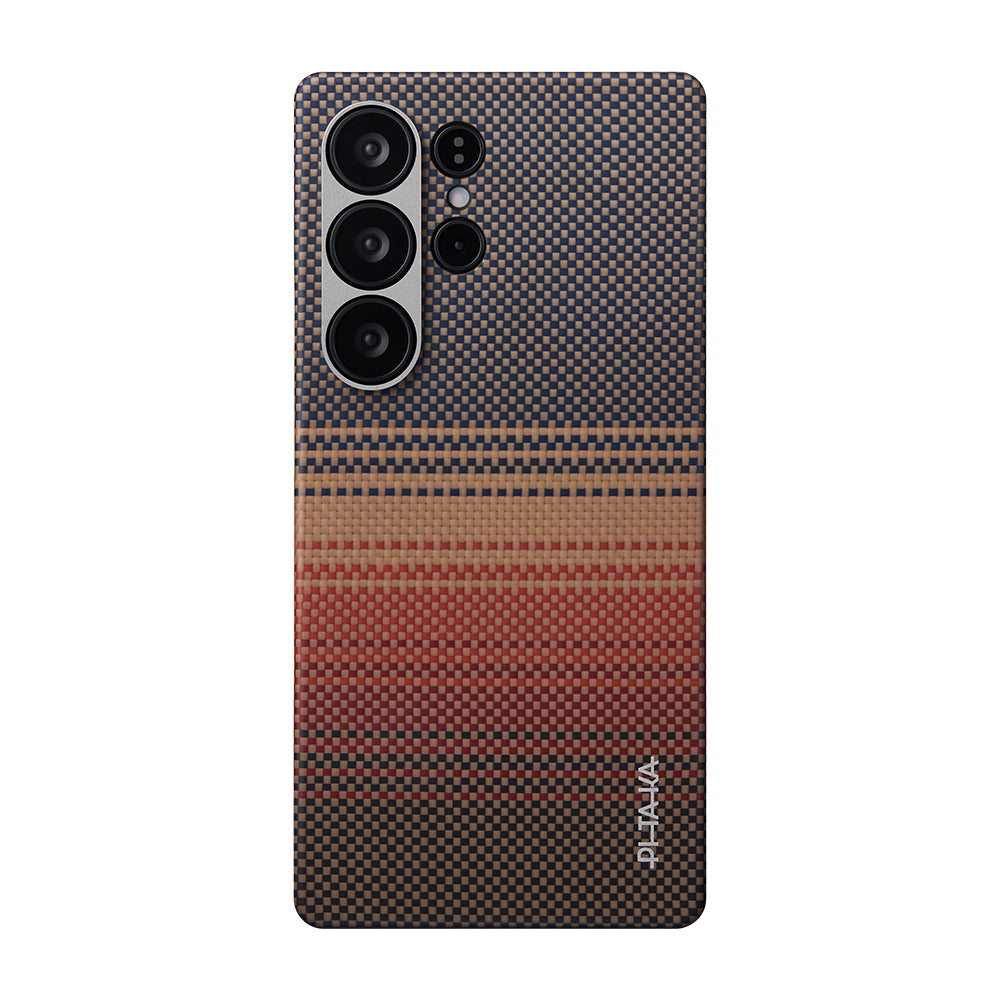 Galaxy S25 Ultra Kılıf M-safe Şarj Özellikli Aramid Fiber Pitaka Tactile Woven Sunset-Moonrise Serisi Kapak Kahverengi
