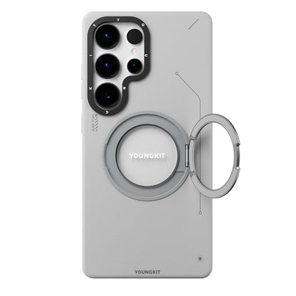 Galaxy S25 Ultra Kılıf M-safe Şarj Özellikli 360° Standlı Basit Mat Deri Desenli Youngkit Tech Leather Serisi Kılıf