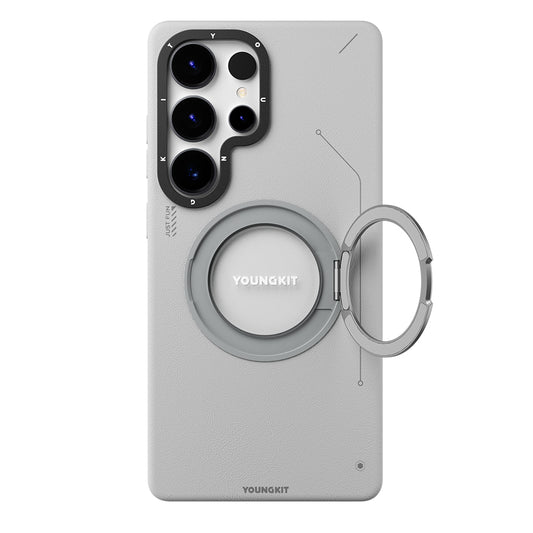 Galaxy S25 Ultra Kılıf M-safe Şarj Özellikli 360° Standlı Basit Mat Deri Desenli Youngkit Tech Leather Serisi Kılıf