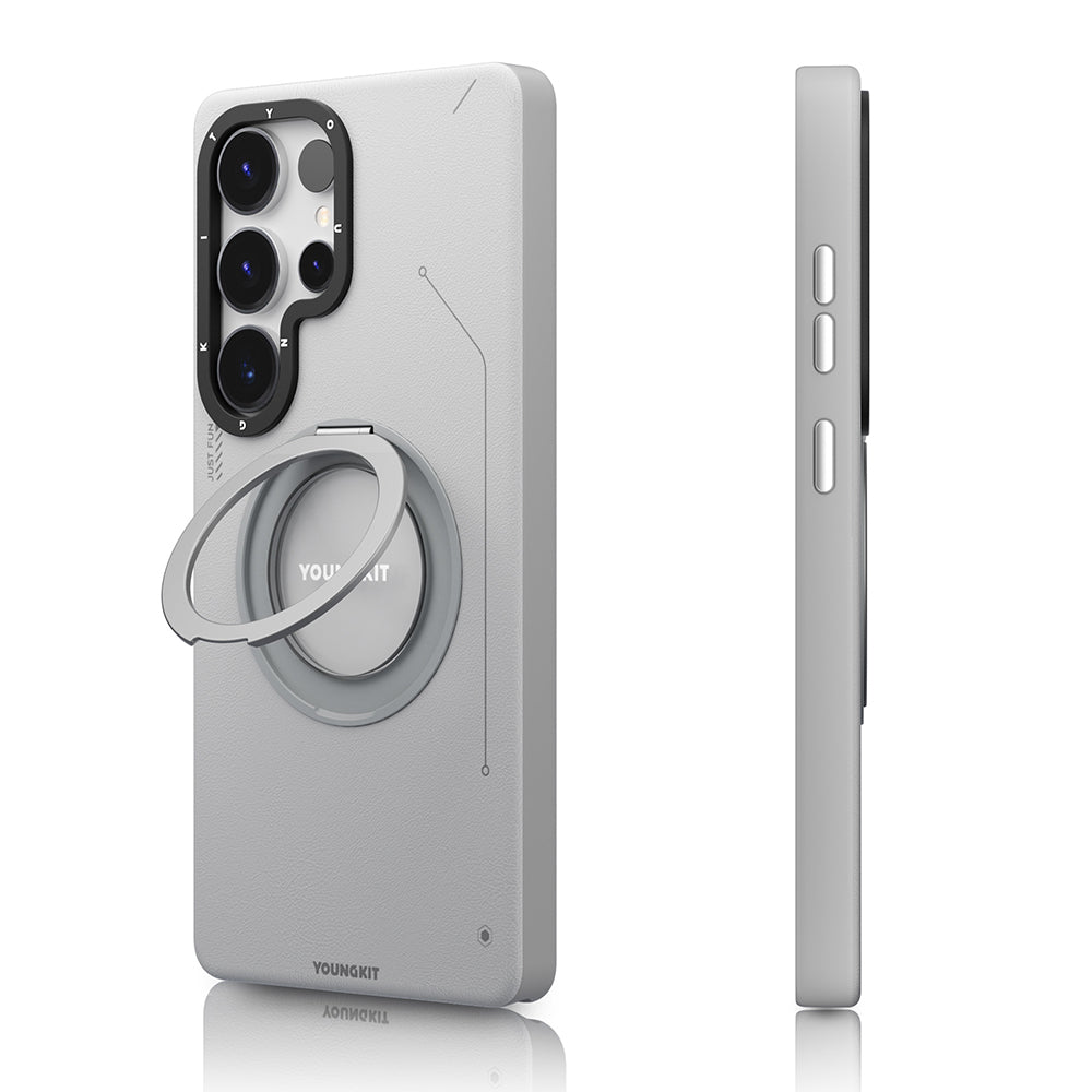 Galaxy S25 Ultra Kılıf M-safe Şarj Özellikli 360° Standlı Basit Mat Deri Desenli Youngkit Tech Leather Serisi Kılıf