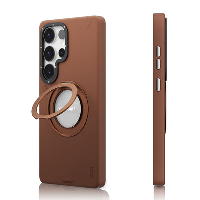 Galaxy S25 Ultra Kılıf M-safe Şarj Özellikli 360° Standlı Basit Mat Deri Desenli Youngkit Tech Leather Serisi Kapak Gri
