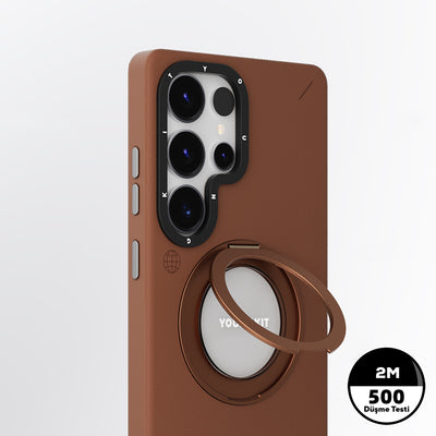 Galaxy S25 Ultra Kılıf M-safe Şarj Özellikli 360° Standlı Basit Mat Deri Desenli Youngkit Tech Leather Serisi Kapak Gri