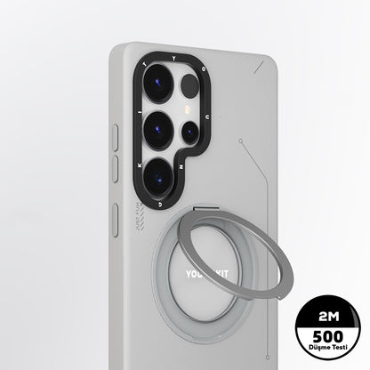 Galaxy S25 Ultra Kılıf M-safe Şarj Özellikli 360° Standlı Basit Mat Deri Desenli Youngkit Tech Leather Serisi Kılıf