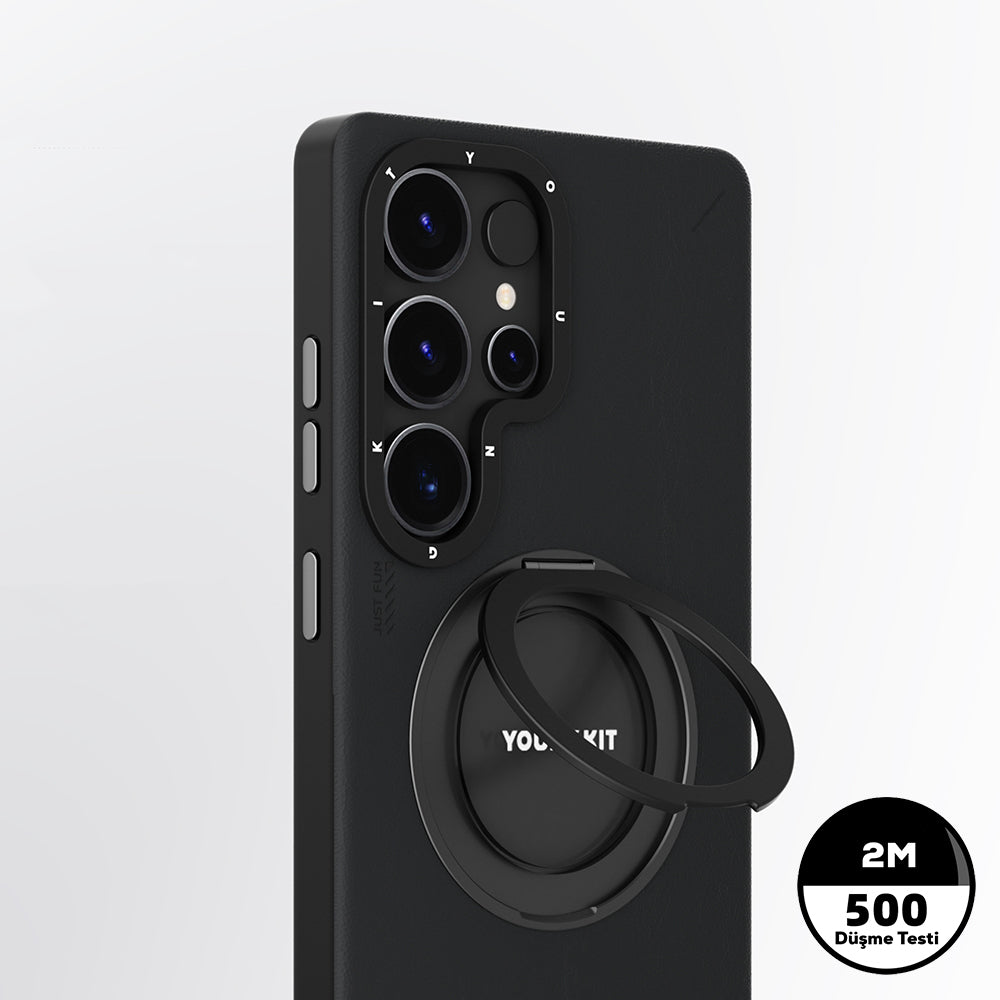 Galaxy S25 Ultra Kılıf M-safe Şarj Özellikli 360° Standlı Basit Mat Deri Desenli Youngkit Tech Leather Serisi Kılıf