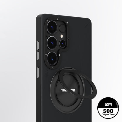 Galaxy S25 Ultra Kılıf M-safe Şarj Özellikli 360° Standlı Basit Mat Deri Desenli Youngkit Tech Leather Serisi Kılıf