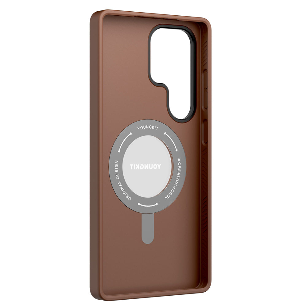 Galaxy S25 Ultra Kılıf M-safe Şarj Özellikli 360° Standlı Basit Mat Deri Desenli Youngkit Tech Leather Serisi Kapak Gri
