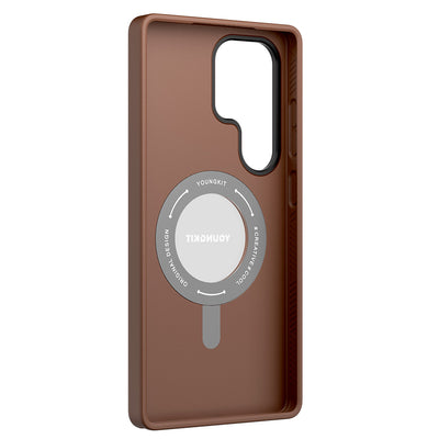 Galaxy S25 Ultra Kılıf M-safe Şarj Özellikli 360° Standlı Basit Mat Deri Desenli Youngkit Tech Leather Serisi Kapak Gri