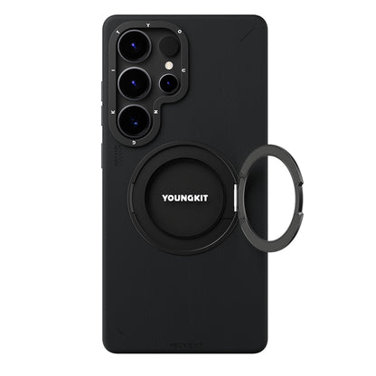 Galaxy S25 Ultra Kılıf M-safe Şarj Özellikli 360° Standlı Basit Mat Deri Desenli Youngkit Tech Leather Serisi Kılıf