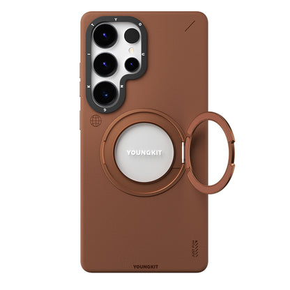 Galaxy S25 Ultra Kılıf M-safe Şarj Özellikli 360° Standlı Basit Mat Deri Desenli Youngkit Tech Leather Serisi Kılıf