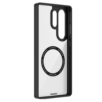 Galaxy S25 Ultra Kılıf M-safe Şarj Özellikli Cam Arka Yüzey TPU Youngkit Gemstone Serisi Kapak Siyah