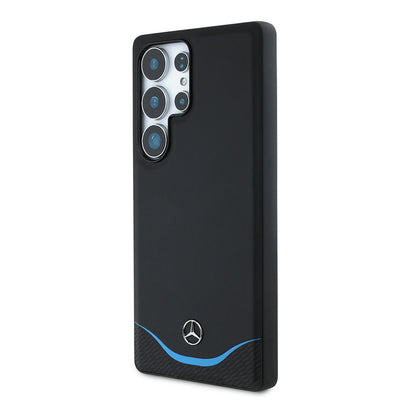 Galaxy S25 Ultra Kılıf Mercedes Benz Orjinal Lisanslı M-safe Şarj Özellikli 3D Metal Logolu Mavi Yatay Eğri Çizgili Deri Kapak Siyah
