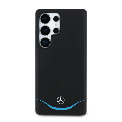 Galaxy S25 Ultra Kılıf Mercedes Benz Orjinal Lisanslı M-safe Şarj Özellikli 3D Metal Logolu Mavi Yatay Eğri Çizgili Deri Kapak Siyah