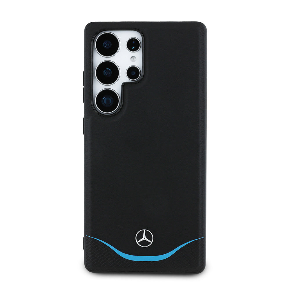 Galaxy S25 Ultra Kılıf Mercedes Benz Orjinal Lisanslı M-safe Şarj Özellikli 3D Metal Logolu Mavi Yatay Eğri Çizgili Deri Kapak Siyah