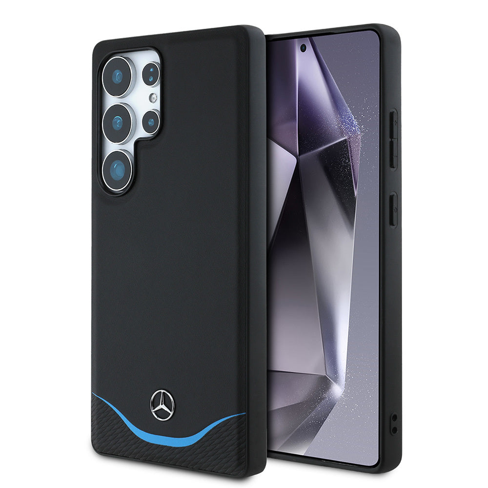 Galaxy S25 Ultra Kılıf Mercedes Benz Orjinal Lisanslı M-safe Şarj Özellikli 3D Metal Logolu Mavi Yatay Eğri Çizgili Deri Kılıf