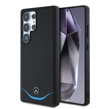 Galaxy S25 Ultra Kılıf Mercedes Benz Orjinal Lisanslı M-safe Şarj Özellikli 3D Metal Logolu Mavi Yatay Eğri Çizgili Deri Kılıf