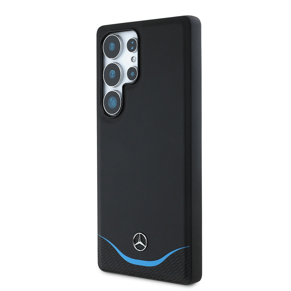 Galaxy S25 Ultra Kılıf Mercedes Benz Orjinal Lisanslı M-safe Şarj Özellikli 3D Metal Logolu Mavi Yatay Eğri Çizgili Deri Kılıf