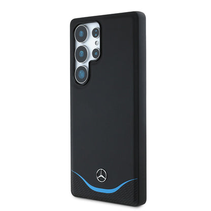 Galaxy S25 Ultra Kılıf Mercedes Benz Orjinal Lisanslı M-safe Şarj Özellikli 3D Metal Logolu Mavi Yatay Eğri Çizgili Deri Kılıf