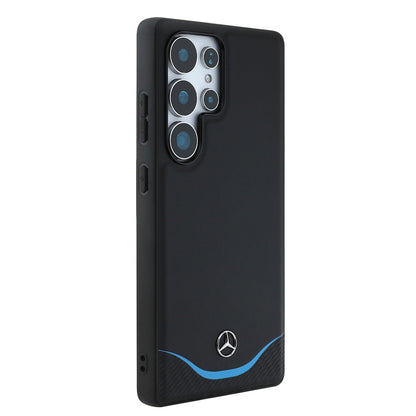 Galaxy S25 Ultra Kılıf Mercedes Benz Orjinal Lisanslı M-safe Şarj Özellikli 3D Metal Logolu Mavi Yatay Eğri Çizgili Deri Kılıf