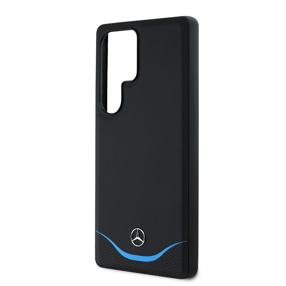 Galaxy S25 Ultra Kılıf Mercedes Benz Orjinal Lisanslı M-safe Şarj Özellikli 3D Metal Logolu Mavi Yatay Eğri Çizgili Deri Kılıf