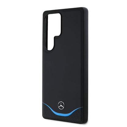 Galaxy S25 Ultra Kılıf Mercedes Benz Orjinal Lisanslı M-safe Şarj Özellikli 3D Metal Logolu Mavi Yatay Eğri Çizgili Deri Kılıf