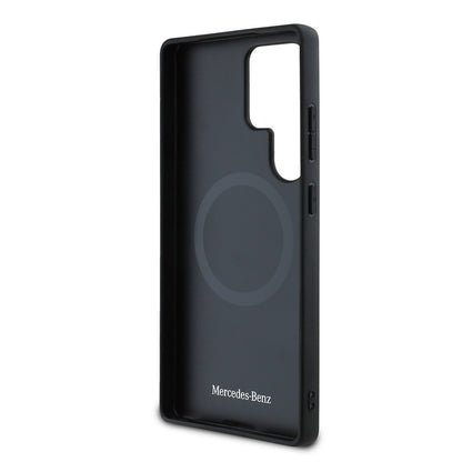 Galaxy S25 Ultra Kılıf Mercedes Benz Orjinal Lisanslı M-safe Şarj Özellikli 3D Metal Logolu Mavi Yatay Eğri Çizgili Deri Kılıf