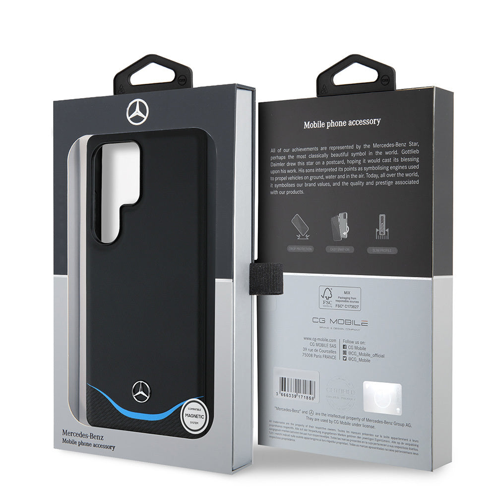 Galaxy S25 Ultra Kılıf Mercedes Benz Orjinal Lisanslı M-safe Şarj Özellikli 3D Metal Logolu Mavi Yatay Eğri Çizgili Deri Kılıf