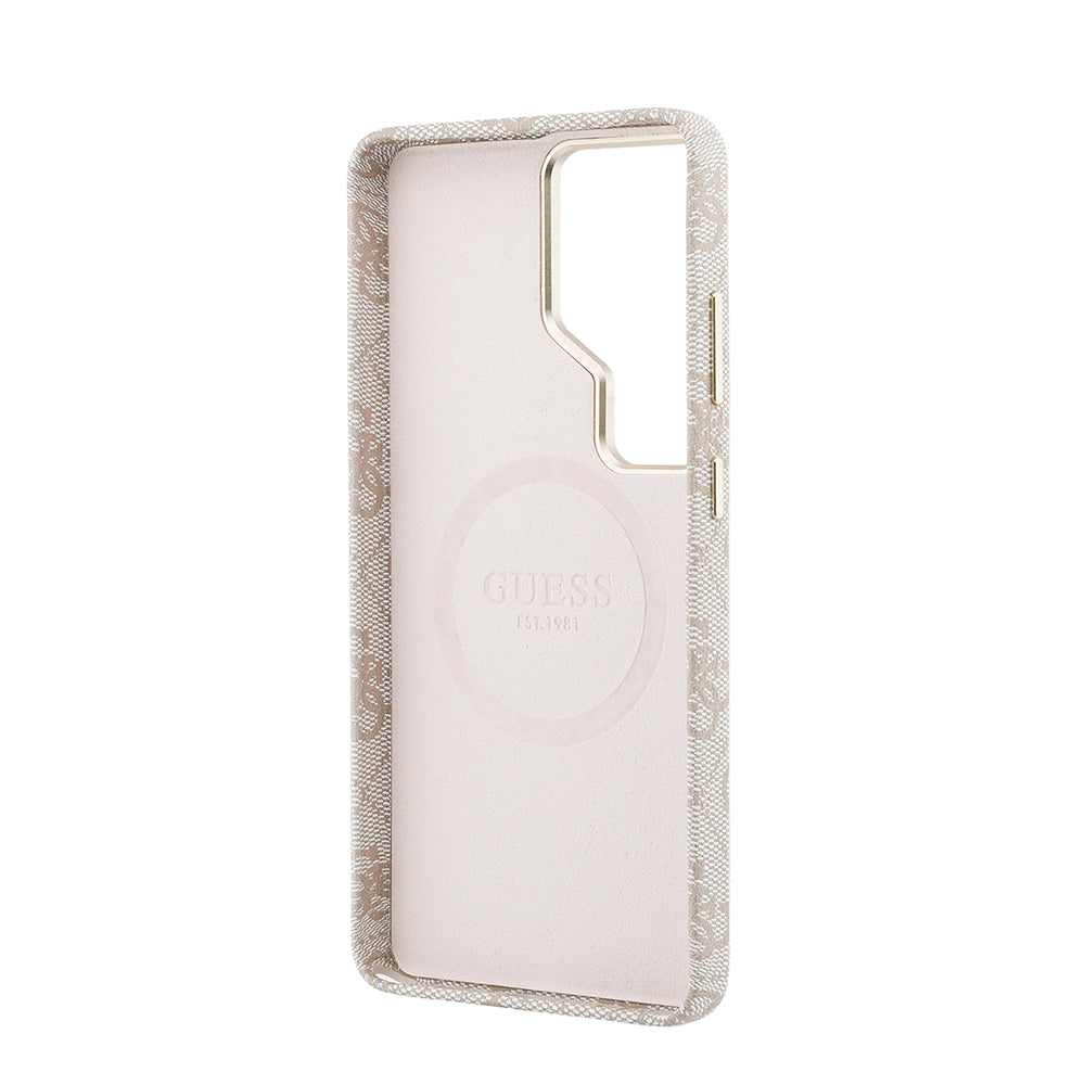 Galaxy S26 Ultra Kılıf Guess Orjinal Lisanslı M-safe Şarj Özellikli Gold Metal Kamera Çerçeveli Taşlı Üçgen Logo 4G Desenli Kapak