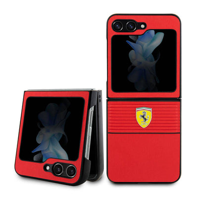 Galaxy Z Flip 5 Kılıf Ferrari Orjinal Lisanslı PU Deri Metal Logolu Multi Çizgili Kapak Siyah