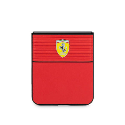 Galaxy Z Flip 5 Kılıf Ferrari Orjinal Lisanslı PU Deri Metal Logolu Multi Çizgili Kılıf