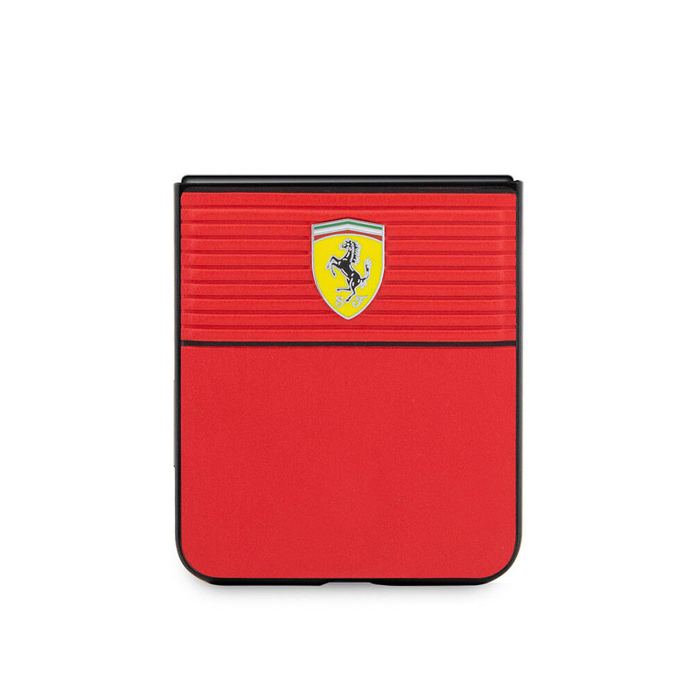 Galaxy Z Flip 5 Kılıf Ferrari Orjinal Lisanslı PU Deri Metal Logolu Multi Çizgili Kapak Siyah